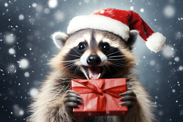 Excited christmas raccoon with gift box and santa hat in the winter snow. Generative AI