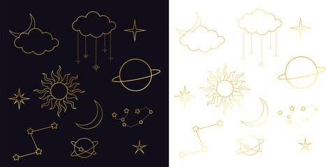 Wall Mural - golden metallic space vector set. set of space and night sky elements. planet, moon, sun, star, constellation icons in line art style