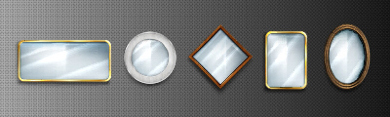 Poster - Mirror 3d realistic frames with light reflections on glass surface. Vector illustration set of round, oval and rectangular home interior decor with wooden, silver and golden metallic framework.