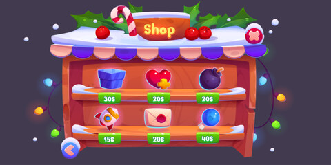 Poster - winter gui game interface for mobile app shop. ui wood frame with snow, garland, holly and berry fan