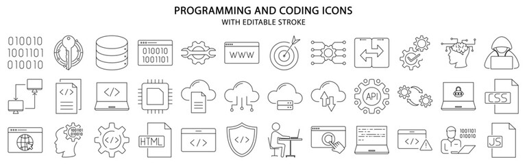 Programming and coding icons. Set icon about programming and coding. Programming and coding line icons. Vector illustration. Editable stroke.