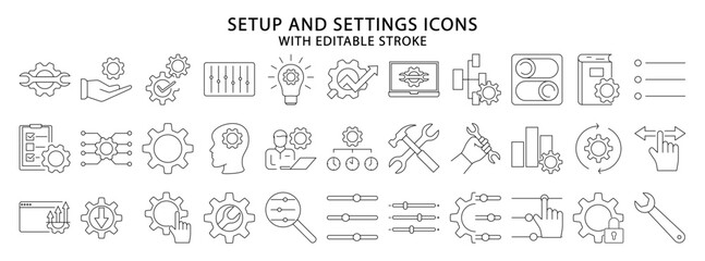 Wall Mural - Setup And Setting icons. Set icon about setup and setting. Setup and setting line icons. Vector illustration. editable stroke.