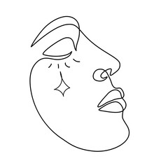 Wall Mural - One line drawing moon face. Sleep time. Abstract sleeping face vector line illustration