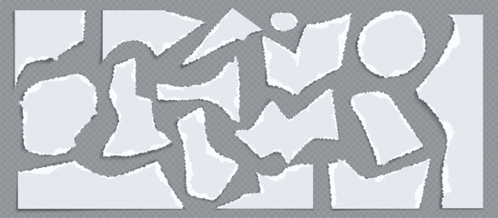 Poster - Pieces and fragments of torn paper. Realistic vector illustration set of broken and cut small sheets of notepad or cardboard for collage or scrapbook. Notebook pages and scraps with ragged borders.