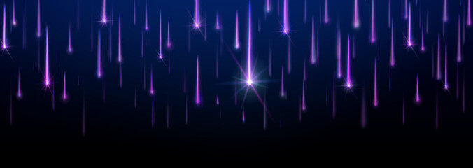 Wall Mural - space comet rain with purple neon star shower. realistic vector background with bright space objects
