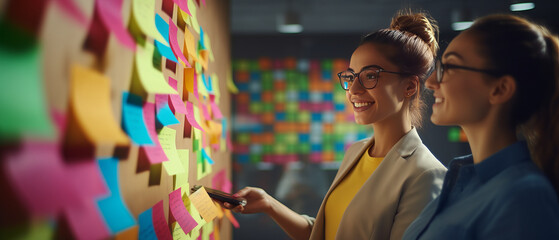 creative Caucasian young woman with friend in casual wear present to team discussing with colorful note paper on board.