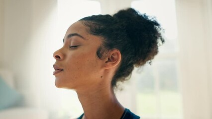 Canvas Print - Face, yoga and meditation with a woman breathing closeup in her home for fitness, mindfulness or awareness. Exercise, zen or relax with a young person in an apartment for health, wellness or peace