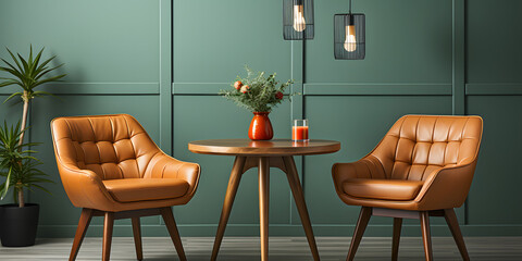 Orange leather chairs at round dining table against green wall. Scandinavian, mid-century home interior design of modern living room