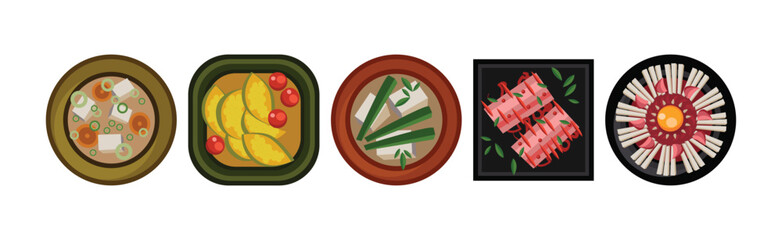 Poster - Different Food Served on the Plate Flat Vector Set