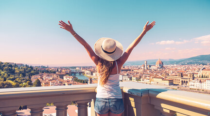 Wall Mural - happy woman tourist in florence- tuscany in italy