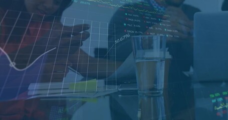 Poster - Animation of statistical, stock data processing over mid section of colleagues discussing at office