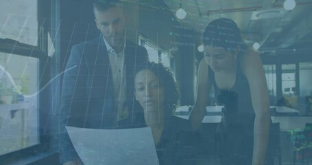 Poster - Animation of data processing against diverse businesspeople discussing over document at office