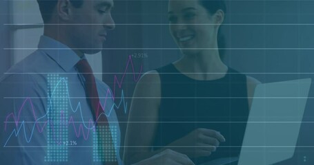 Poster - Animation of data processing against diverse businessman and businesswoman discussing over a laptop