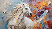 Hand Drawn Abstract White Horse Art Background. Oil On Canvas. Golden Texture. Fragment Of Artwork. Paint Spots. Brushstrokes Of Paint. Modern Art.