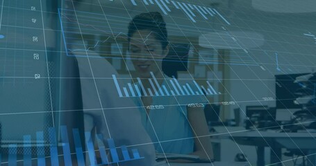 Poster - Animation of statistical data processing against diverse businessman and businesswoman at office