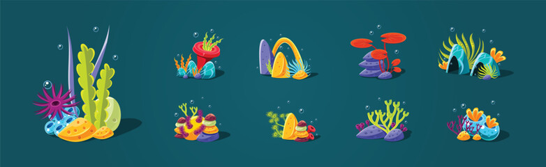 Poster - Fantasy Sea Plants with Corals and Stones on Ocean Bottom Vector Set