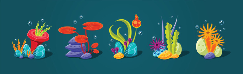 Poster - Fantasy Sea Plants with Corals and Stones on Ocean Bottom Vector Set