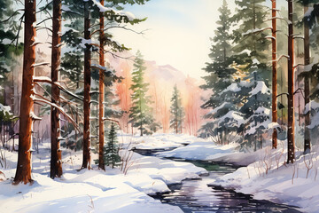 Poster - Watercolor, Winter forest