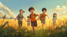 Vector Illustrations A Group Of Rural Asian Child Playing In The Field.