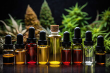 Essential Oil In Bottle With Fresh Green Cannabis