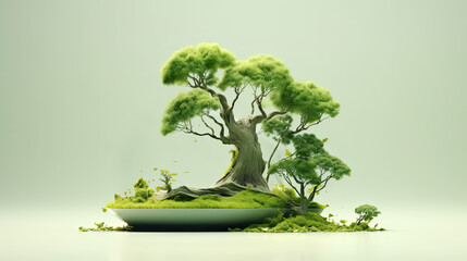 beautiful bonsai tree displayed on a decorative bowl, green, isolated on a white background, harmony, biodiversity, conservation and ecosystem banner, AI