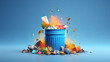3d render illustration of a filled blue trash can overflowing with garbage, bin on fire with waste, blue wallpaper, cartoon waste explosion, AI