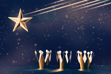 Three Shiny Crowns And A Star In The Sky. Epiphany And Three Kings Day Holiday Celebration Night Banner. 6 January