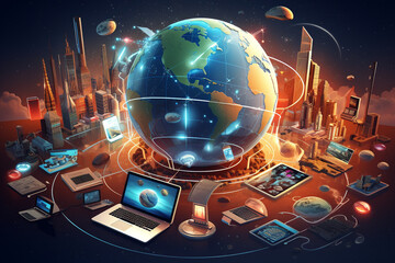 technology devices and icons connected to digital planet earth