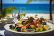 seafood meal with shrimps and mussels at beach restaurant