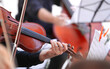 Violinist playing in a concert on a summer terrace. Close up photo with the detail hand of a violonist singer artist. 