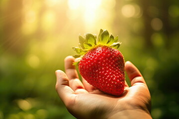 Wall Mural - closeup hand hold strawberry with blur nature