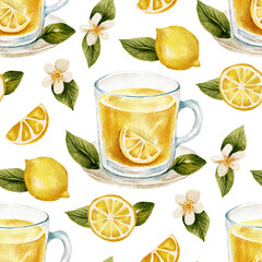 Lemon tea cup drink seamless floral watercolor pattern with flowers and lemons plant background