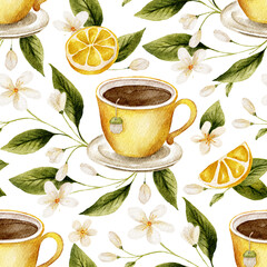 Canvas Print - Lemon tea cup drink seamless floral watercolor pattern with flowers and lemons plant background