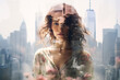 Creative double exposure portrait of fashion white woman on abstract modern city urban background. The concept of a successful, confident, feminine and beautiful female.