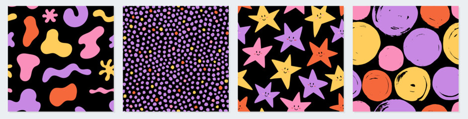 Wall Mural - Seamless patterns with abstarct shapes. Vector set. Hand drawn texture for print, textile, fabric, packaging. Polka dot seamless pattern.