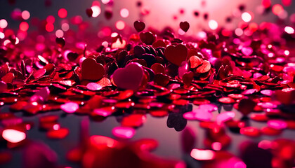 Romantic Red Hearts Showered in Pink Confetti