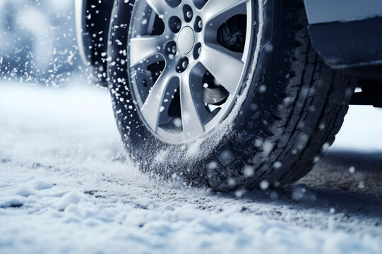 Wall Mural -  - Car driving with winter wheels and tires during snow blizzard