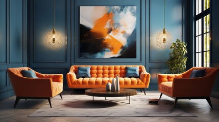 Wall Mural - An orange and blue tufted sofa and a stucco wall are adjacent to each other. Art deco interior design of modern living room.