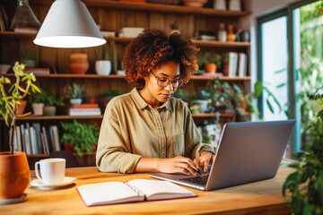 Wall Mural - Young black female writer working at home desk on computer.