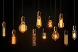 Fototapeta  - Decorative antique Edison style light bulbs, different shapes of retro lamps on dark background. Cafe or restaurant decoration details. Generative AI