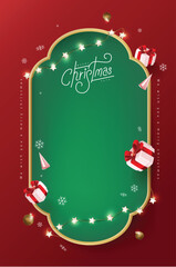 Wall Mural - merry christmas sign banner frame with empty space and festive decoration on red background