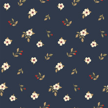 Seamless Floral Pattern, Cute Ditsy Print With Mini Plants In Winter Colors. Pretty Botanical Design, Ornament: Small White Flowers, Red Berries, Twigs, Leaves On Blue Background. Vector Illustration.