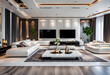 © anmitsu - Spacious room with a white sofa and TV. Modern dining room luxury interior design, panorama. Luxury interior design living room and white kitchen. Open plan interior.