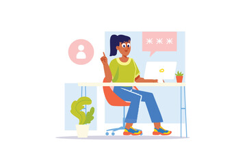 Aufkleber - Concept login with people scene in the flat cartoon design. The employee turns on the computer using a login and password, because this way the computer data is more protected. Vector illustration.