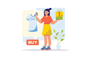 Aufkleber - Online shopping concept with people scene in the flat cartoon design. The girl orders new clothes in an online store so as not to waste time shopping. Vector illustration.