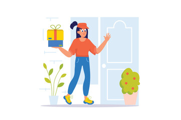 Wall Mural - Courier concept with people scene in the flat cartoon style. The courier is in a hurry to deliver gifts to customers. Vector illustration.