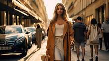 A Beautiful Model Woman Walking With Shopping Bags Buying Clothes In Stores On A City Street In France. Fashionable Lady With High Heels. Generative Ai