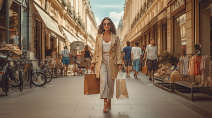 A beautiful model woman walking with shopping bags buying clothes in stores on a city street in france. fashionable lady with high heels. Generative Ai