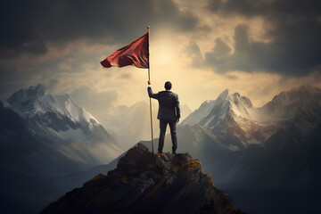 backlit businessman with flag standing on mountain top.sky background.leadership and victory concept