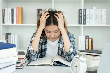 asian student woman have anxiety because of exams, female prepare for test and learning lessons in t